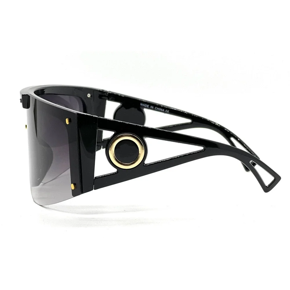Oversized Shield Sunglasses Black Flat Top Visor Gradient Lens Gold Women Lentes